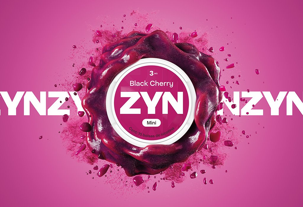 Lata Black Cherry 3 mg con explosion de pintura color cereza sobre el logotipo de ZYN.