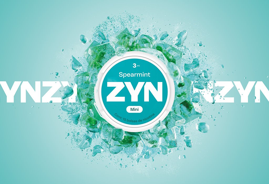 Lata ZYN Spearmint con explosion de hielo verde sobre el logotipo de ZYN.