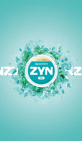 Lata mini de ZYN Spearmint verde de 1.5 mg, con explosion de hielo verde sobre el logotipo de ZYN.