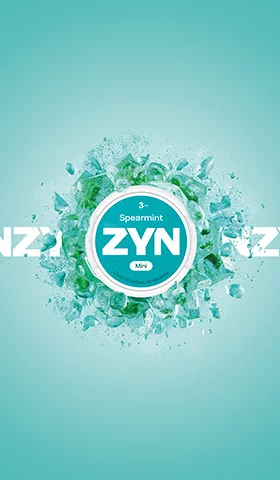 Lata mini de ZYN Spearmint verde de 3 mg, con explosion de hielo verde sobre el logotipo de ZYN.