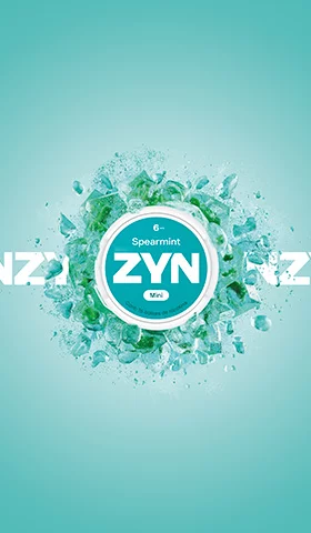 Lata mini de ZYN Spearmint verde de 6 mg, con explosion de hielo verde sobre el logotipo de ZYN.