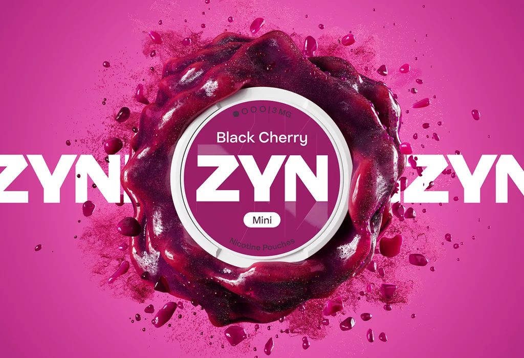ZYN Black Cherry X-Low Mini nicotine pouches 3 mg on a cherry-inspired background
