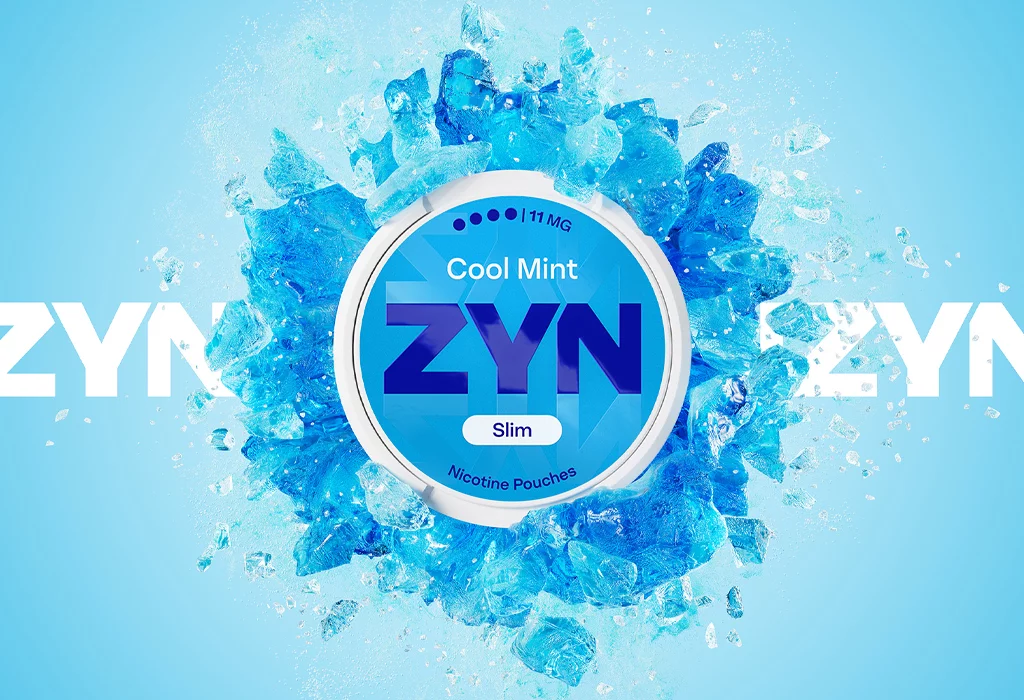 Blue ZYN Cool Mint 11 mg can surrounded by blue ice and above the ZYN logo