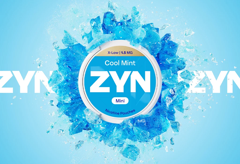Blue ZYN Cool Mint can surrounded by blue ice and above the ZYN logo - X-Low Mini