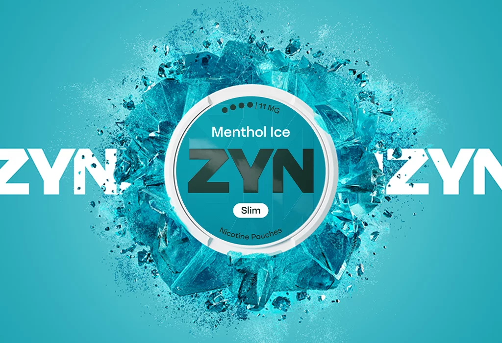 ZYN Menthol Ice Slim nicotine pouches 6 mg with an intense eucalyptus and menthol flavour on an icy blue background