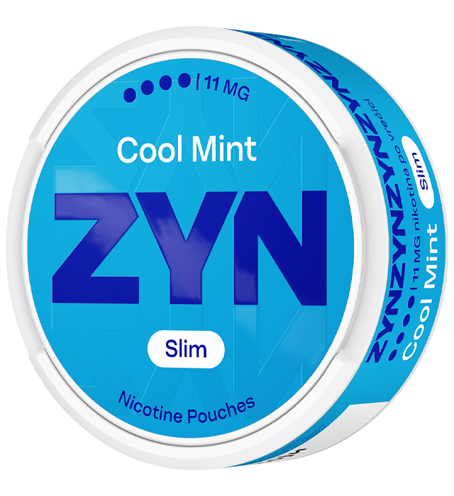 Closed blue ZYN Cool Mint can with icon describing the benefits of nicotine pouches