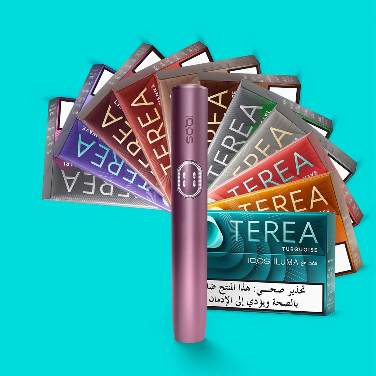 Seven IQOS ILUMA TEREA packs on a turquoise background