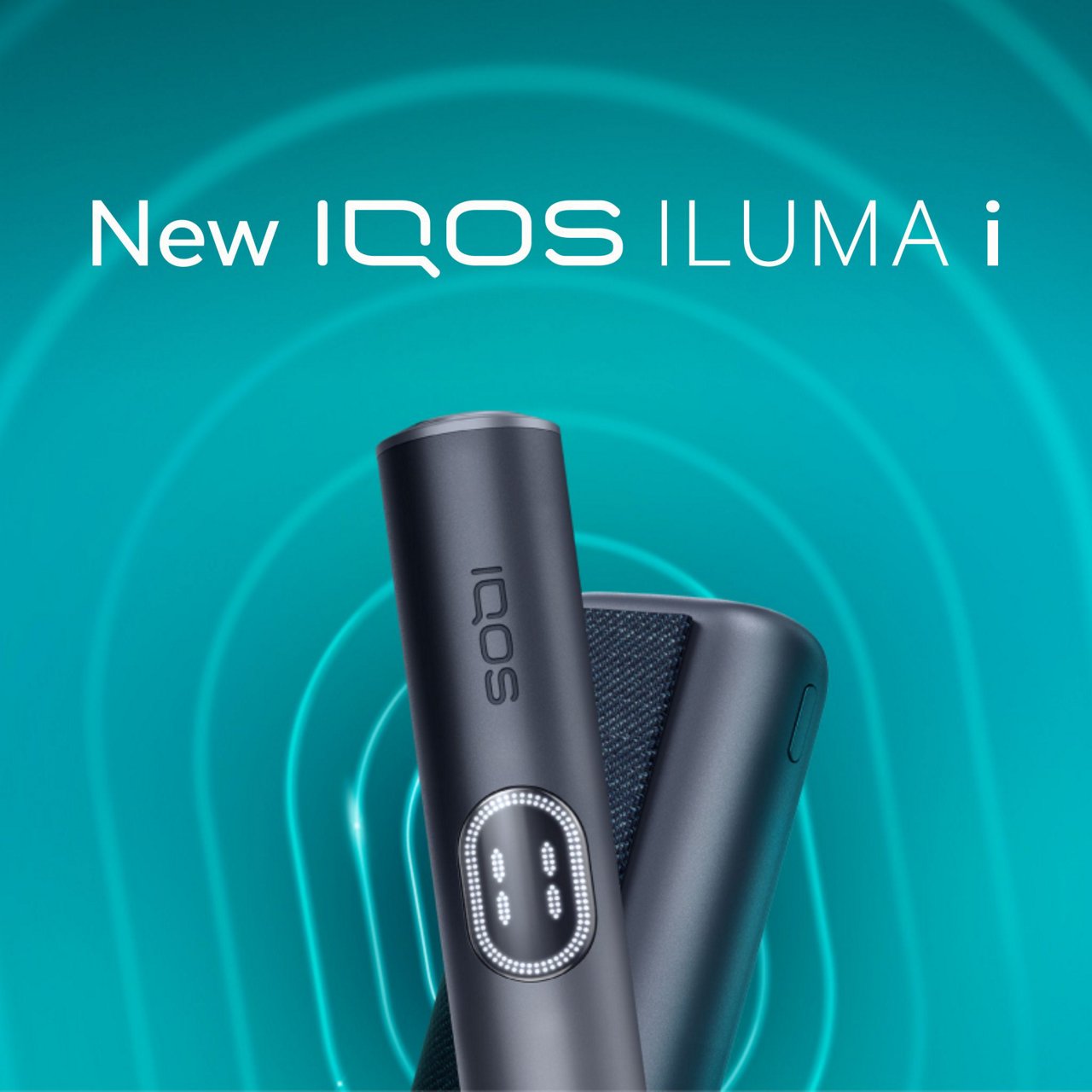 Close-up of an IQOS ILUMA i PRIME Midnight Black against a futuristic teal abstract background with radiating curved lines. “New IQOS ILUMA i" above the device.