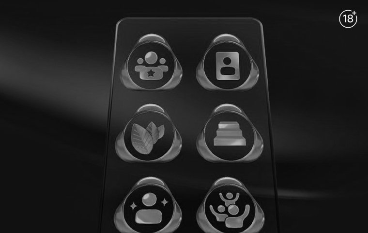Monochrome grid of six digital badge icons displayed on a dark abstract background.