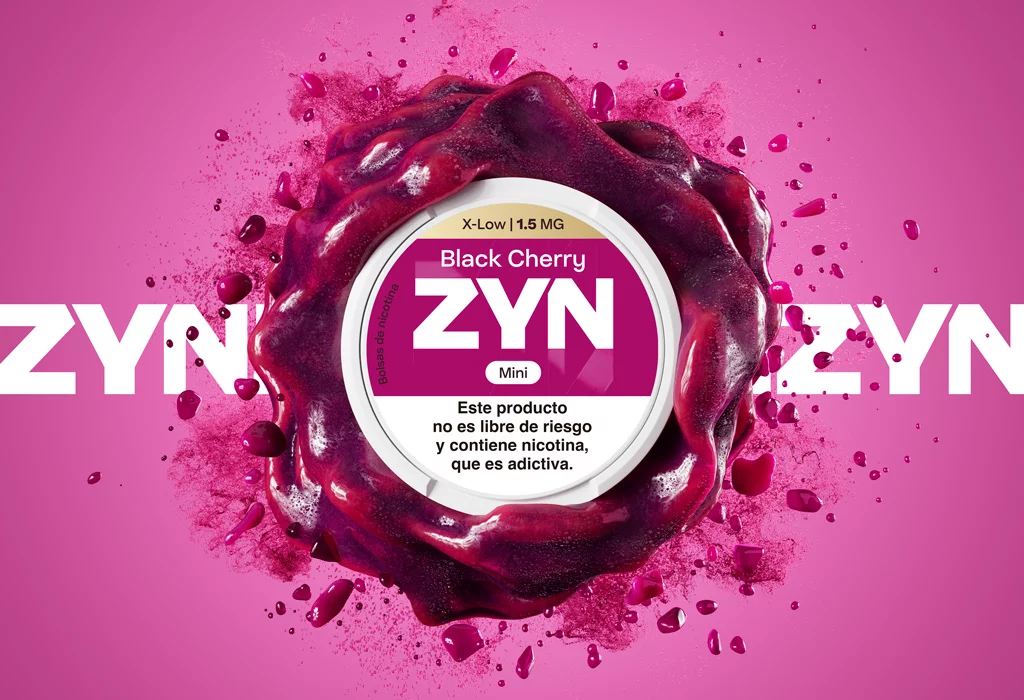 Lata Black Cherry 1,5 mg  con explosion de pintura color cereza sobre el logotipo de ZYN.