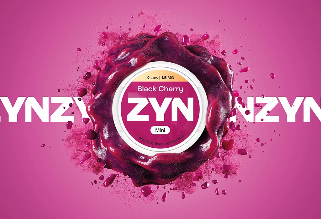 Lata Black Cherry 1.5 mg  con explosion de pintura color cereza sobre el logotipo de ZYN.