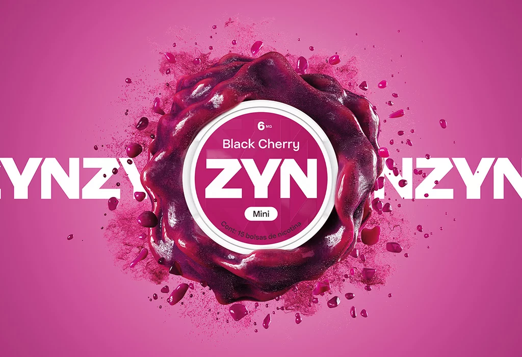 Lata Black Cherry 6 mg  con explosion de pintura color cereza sobre el logotipo de ZYN.