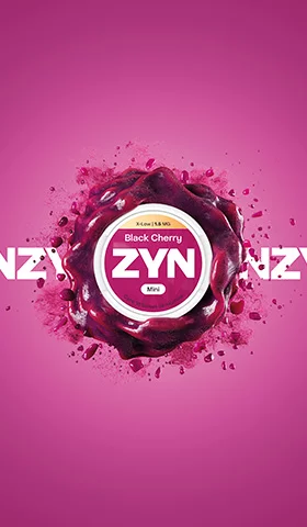 Lata Black Cherry 1.5 mg  con explosion de pintura color cereza sobre el logotipo de ZYN.