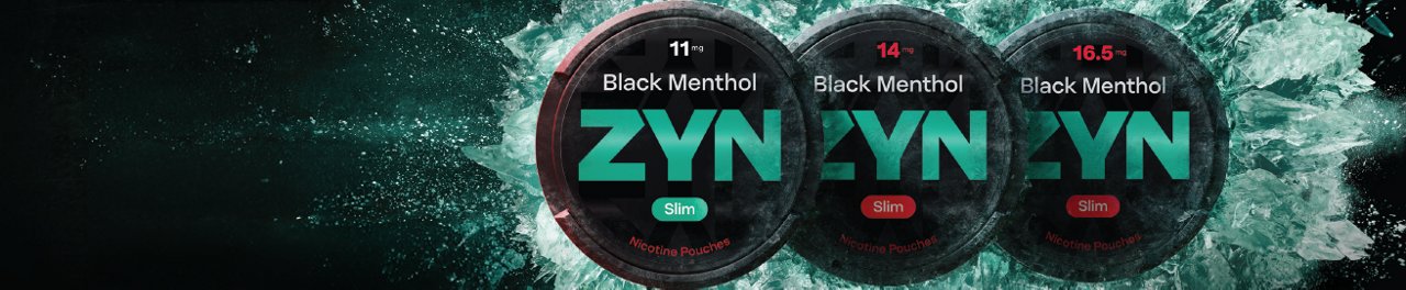 Three ZYN Black Menthol Slim nicotine pouch cans in 11 mg, 14 mg and 16.5 mg strengths, surrounded by crushed ice.