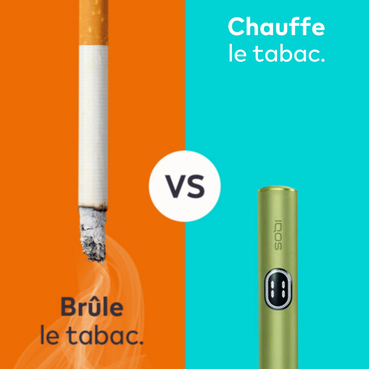 Image montrant une cigarette qui brûle le tabac et un IQOS ILUMA i couleur Vert Anis, qui, lui, chauffe le tabac.
