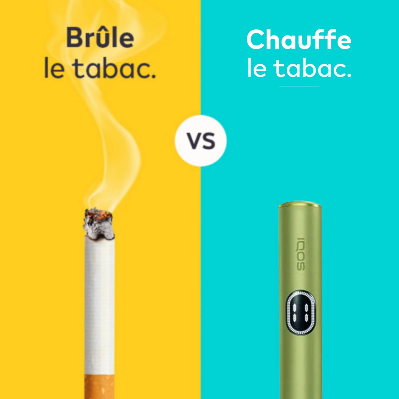 Image montrant une cigarette qui brûle le tabac et un IQOS ILUMA i couleur Vert Anis, qui, lui, chauffe le tabac.