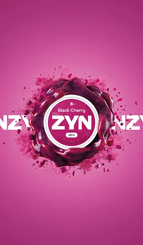 Lata Black Cherry 6 mg  con explosion de pintura color cereza sobre el logotipo de ZYN.