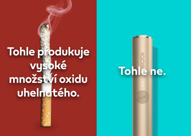 Rozkouřená cigareta na červeném pozadí s textem "Tohle vytváří oxid uhličitý" a vedle zařízení IQOS ILUMA s textem "Tohle ne"