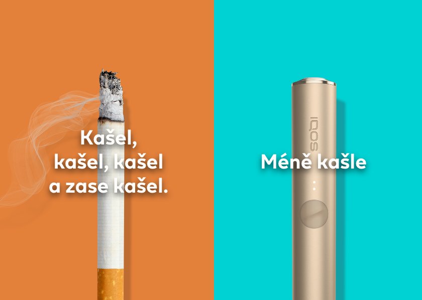 Zapálená cigareta na oranžovém pozadí s textem "Kašel, kašel a zase kašel" a zařízení IQOS ILUMA na tyrkysovém pozadí s textem "Méně kašle"