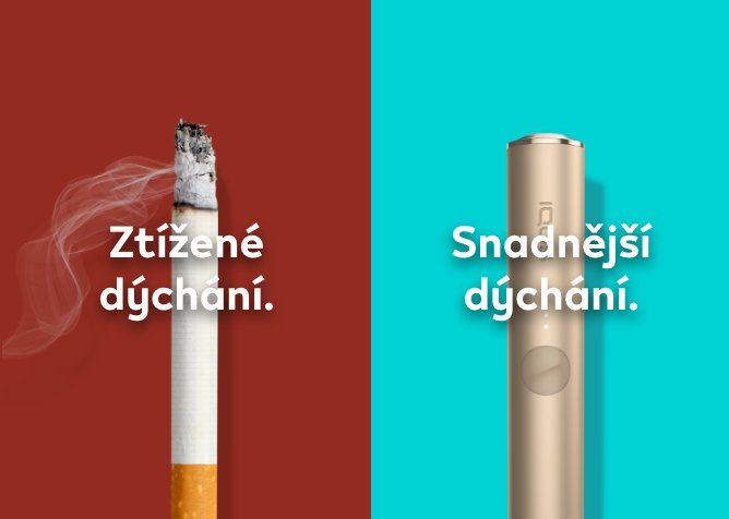 Zapálená cigareta na oranžovém pozadí s textem "Ztížené dýchání" a zařízení IQOS ILUMA na tyrkysovém pozadí s textem "Snadnější dýchání"