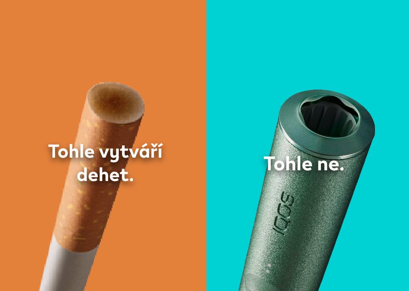 Znečistěný cigaretový filtr na oranžovém pozadí s textem "Tohle vytváří dehet" a vedle zařízení IQOS ILUMA s textem "tohle ne "