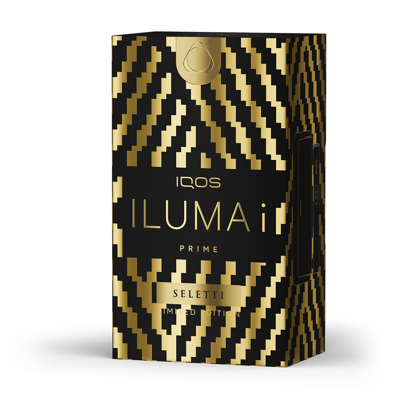 Ozdobná krabička pro zařízení IQOS ILUMA i PRIME v černo-zlatém provedení.
