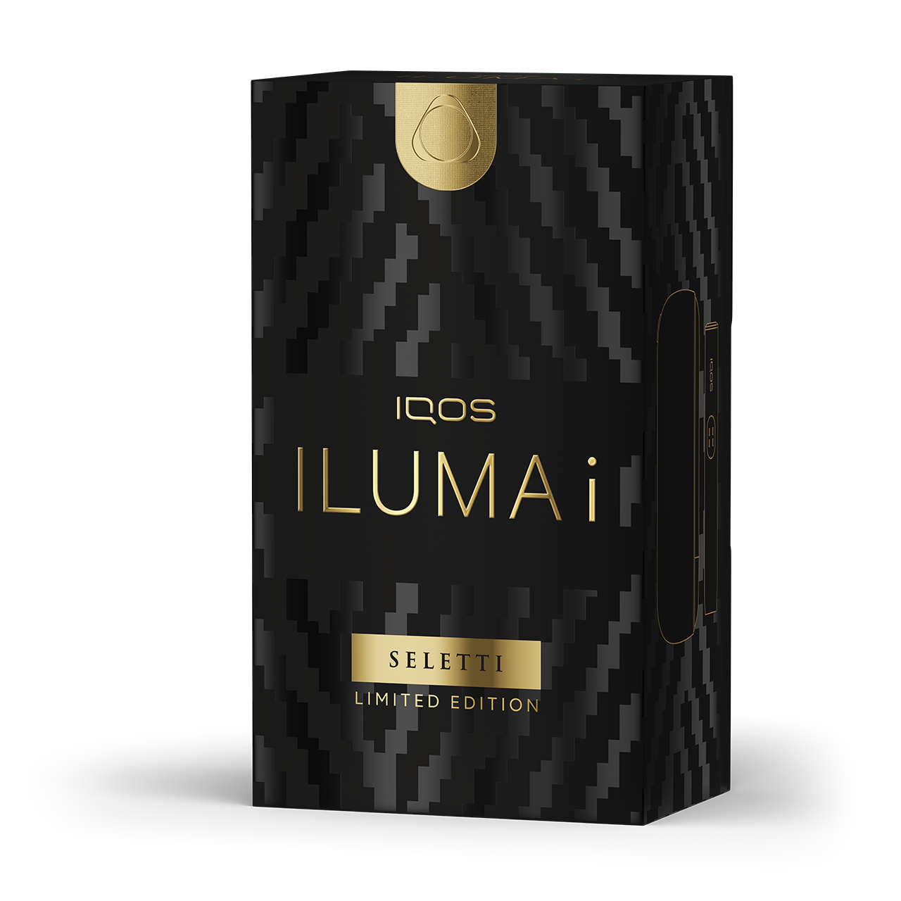 Ozdobná krabička pro zařízení IQOS ILUMA i v černo-zlatém provedení. 
