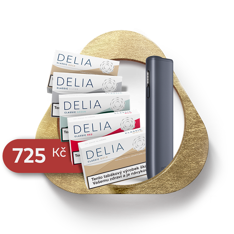 Zařízení IQOS ILUMA i ONE a krabičky DELIA s cenovkou 725 Kč