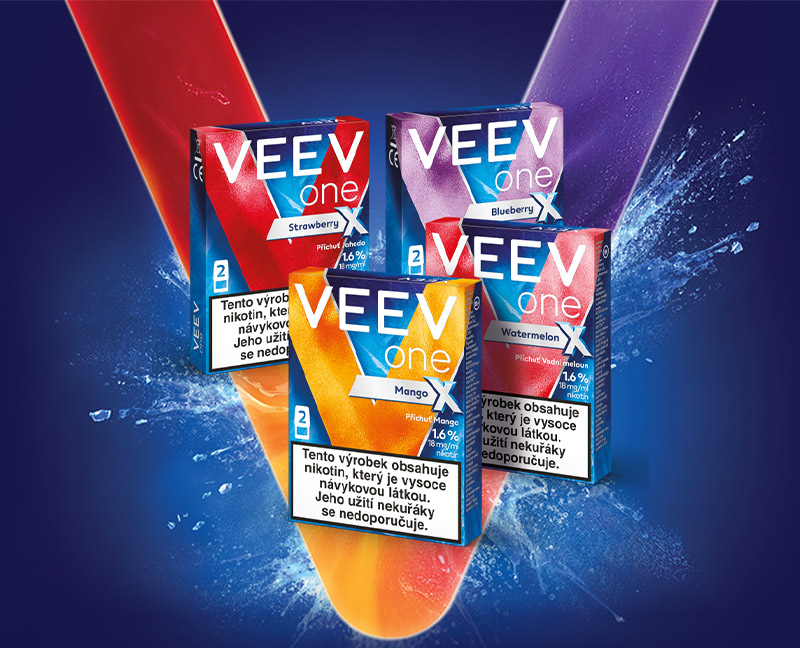 Nikotinové náplně VEEV one X v příchutích jahoda, borůvka, mango a vodní meloun.