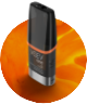 Náustek e-cigarety VEEV NOW vystupující z oranžového kruhu na pozadí