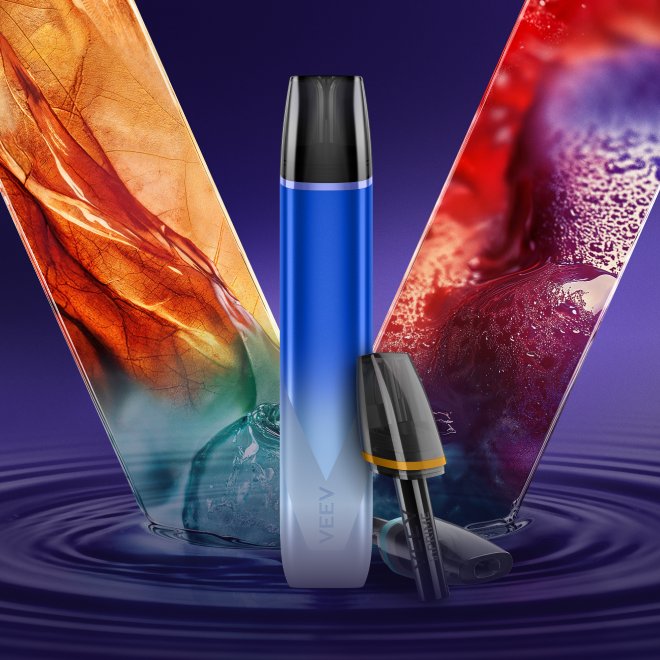 Jednorázová elektronická e-cigareta VEEV NOW inPRIME na barevném pozadí