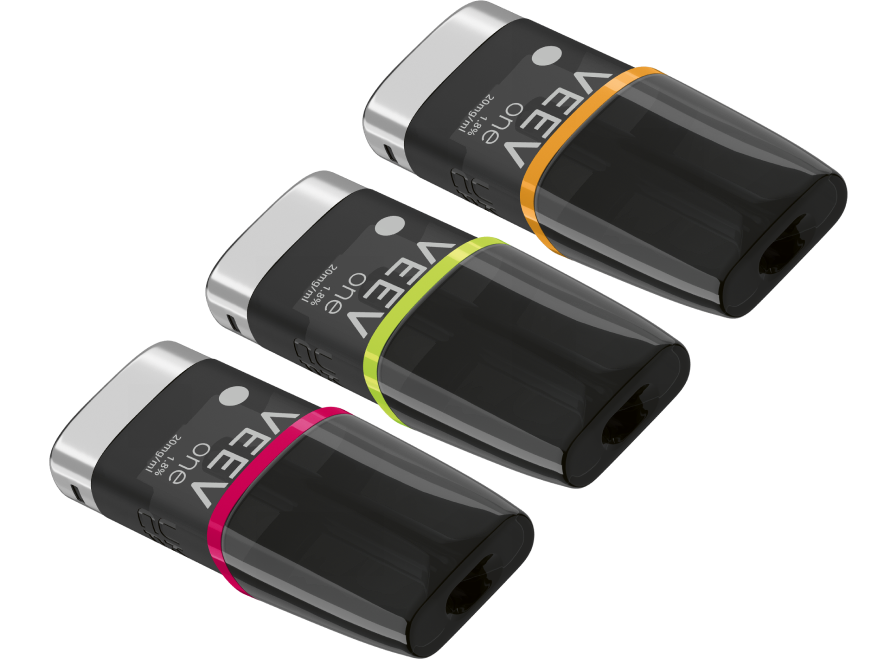 Tři náplně VEEV ONE v různých příchutích na oranžovém pozadí