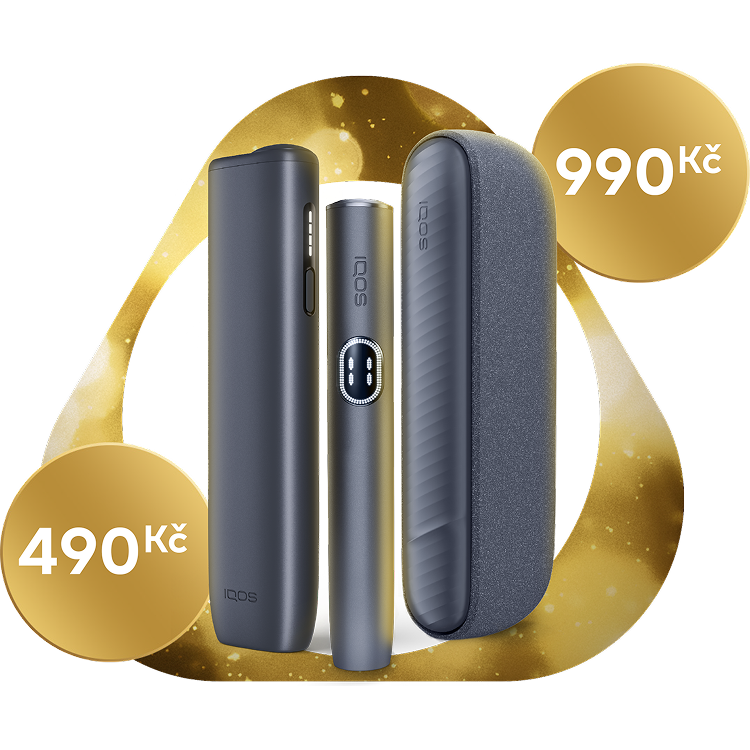 Zařízení IQOS ILUMA i ONE za 490 Kč a IQOS ILUMA i za 990 Kč na zlatém vánočním pozadí