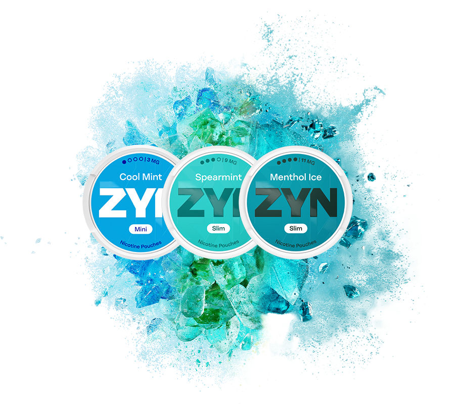 Three ZYN nicotine pouch cans – Cool Mint Mini, Spearmint Slim and Menthol Ice Slim – displayed on a blue icy background.