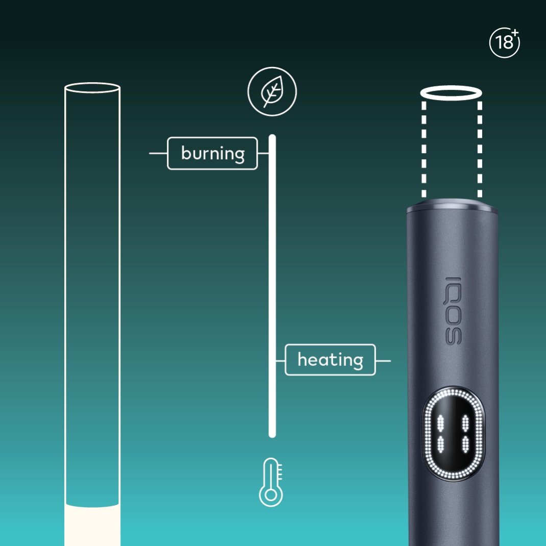 Illustrated comparison showing a slim IQOS device next to an outline of a cigarette stick.