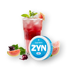 Bebida rosada con hielo y hojas de menta, rodeada de guayaba y frutos rojos, junto a un envase circular ZYN Cool Mint.