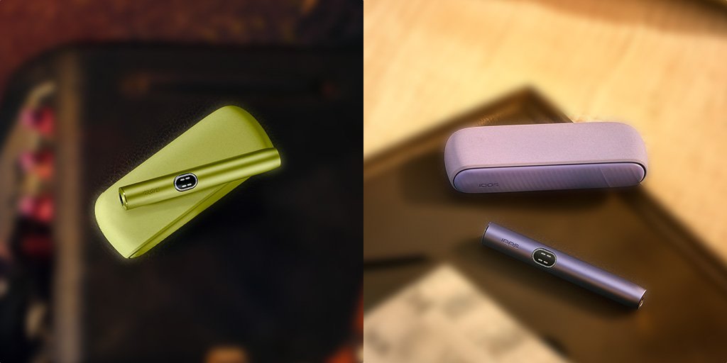 Dve sliki – na levi strani sta držalo in žepni polnilnik IQOS ILUMA i v barvi Leaf Green na mizi; na desni strani pa držalo in žepni polnilnik IQOS ILUMA i v barvi Digital Violet na mizi
