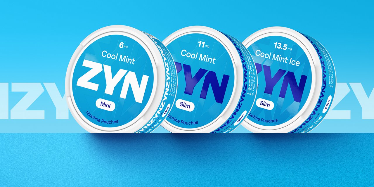 Three ZYN nicotine pouch cans showing Cool Mint Mini 6 mg, Cool Mint Slim 11 mg and Cool Mint Ice Slim 13.5 mg on a blue background.