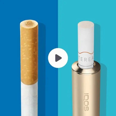 Cigarette filter with brown combustion stains compared to IQOS TEREA stick in an IQOS ILUMA holder with no equivalent stain.