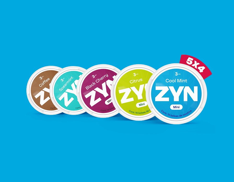 Latas ZYN cerradas (azul claro Spearmint, rojo Black Cherry, amarillo Tropical, azul Cool Mint) Mini con etiqueta promocional