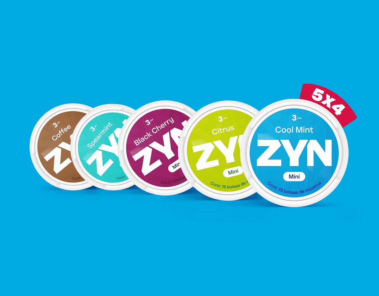 Latas ZYN cerradas (azul claro Spearmint, rojo Black Cherry, amarillo Tropical, azul Cool Mint) Mini con etiqueta promocional