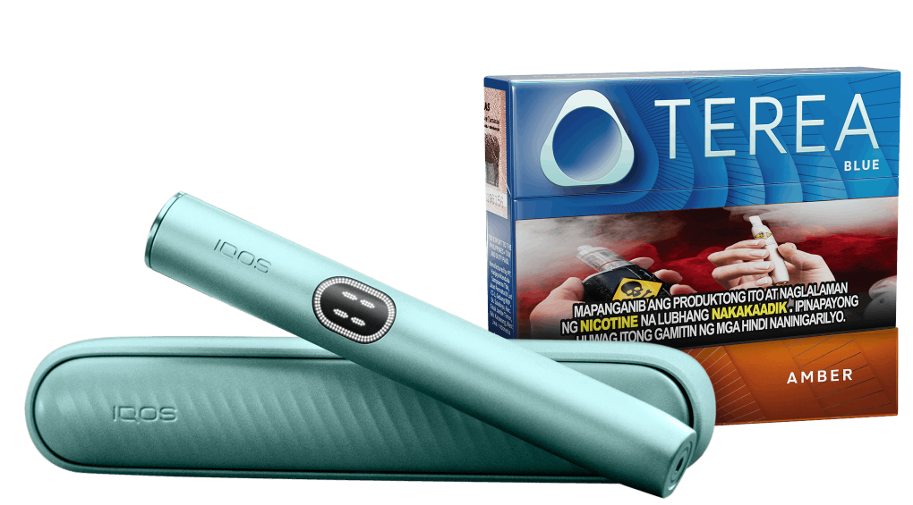 IQOS device in a sleek finish displayed alongside TEREA Blue and Amber tobacco stick packs.