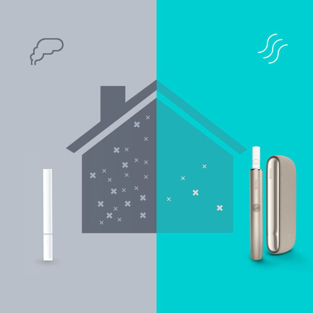 Illustration contrasting effects of cigarette smoke versus IQOS on indoor air quality.