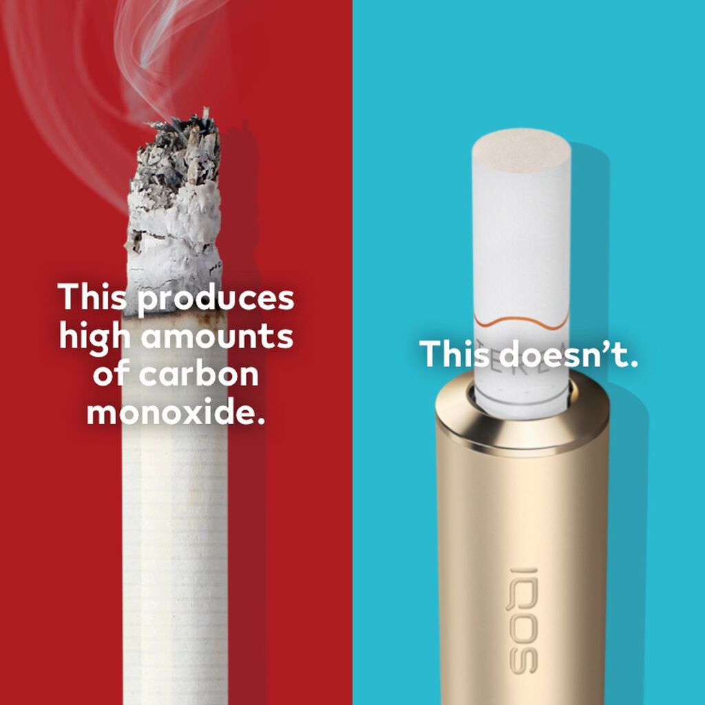Lit cigarette end compared to IQOS HEETS stick in IQOS 3 DUO holder.