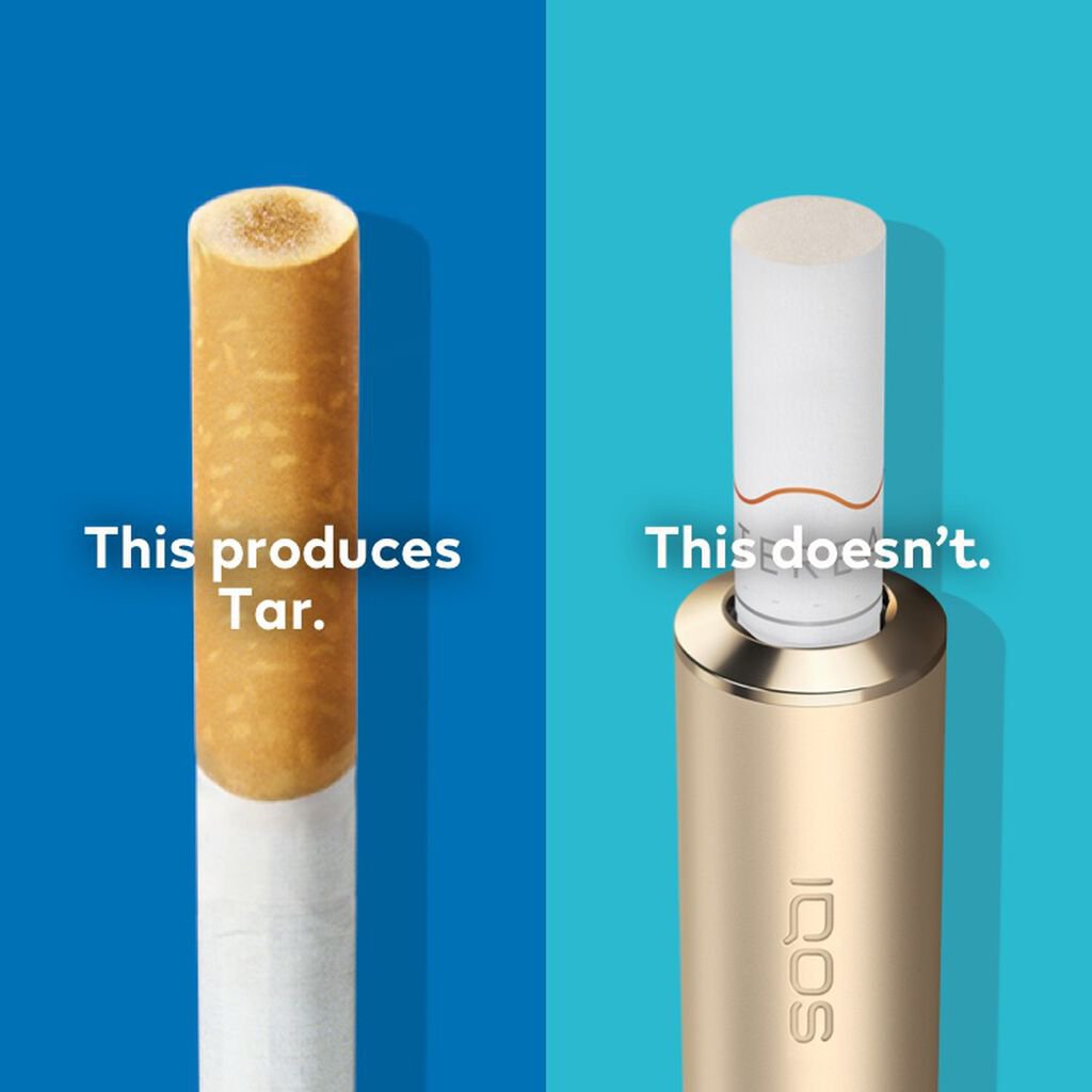 Cigarette filter with brown combustion stains compared to IQOS HEETS stick in IQOS ILUMA holder with no equivalent stain.