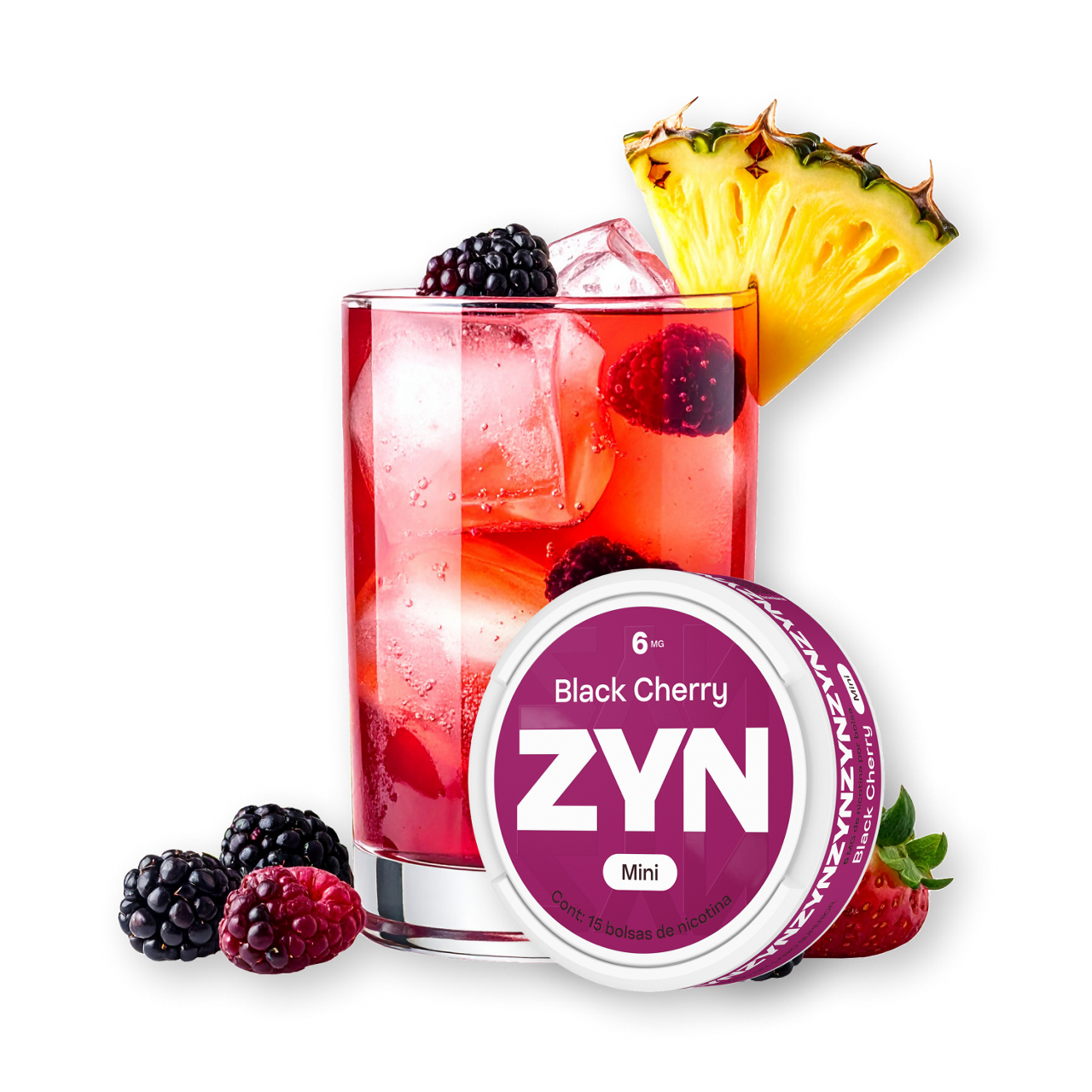 Bebida roja con hielo y decoración de piña, acompañada de frutos rojos y un envase circular ZYN Black Cherry.