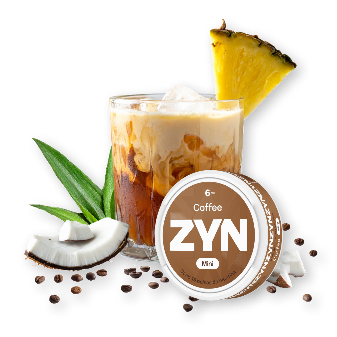 Bebida cremosa con hielo, coco y piña, presentada junto a un envase circular ZYN Coffee.