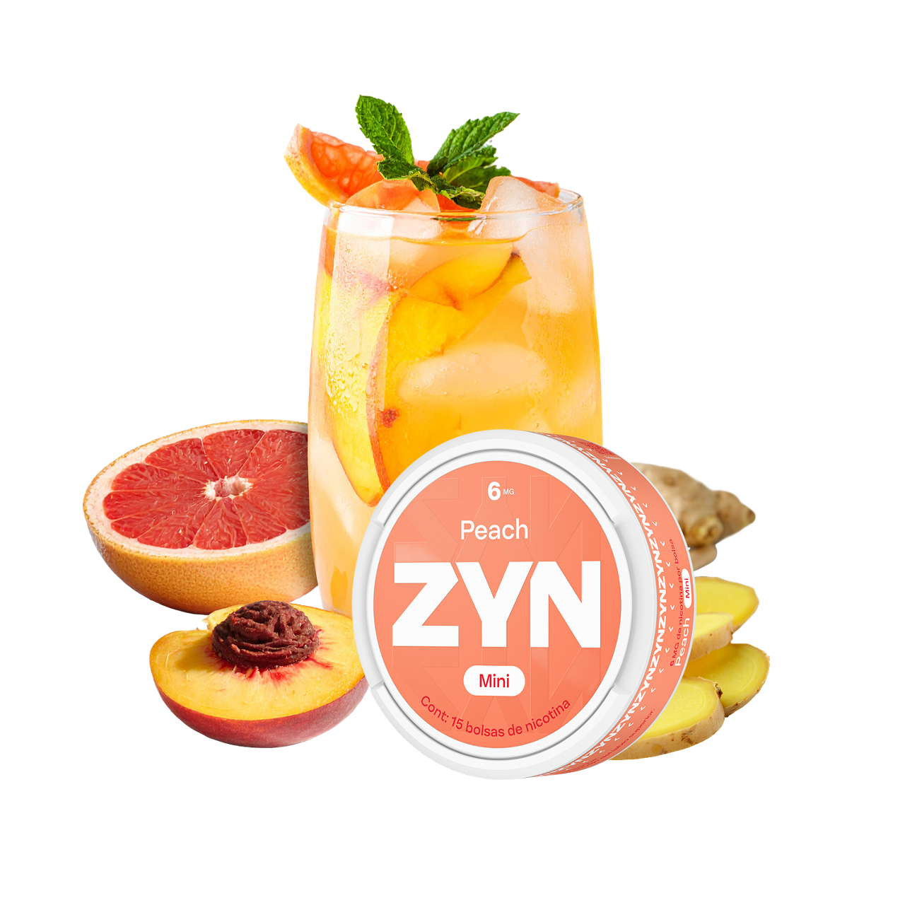 Vaso con bebida amarilla con hielo y frutas, acompañado de un durazno partido, una toronja cortada y un envase circular ZYN sabor Peach