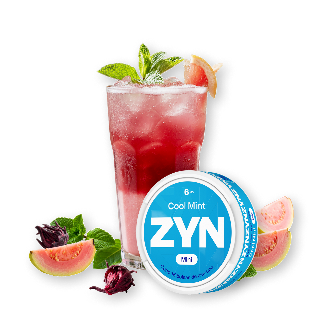 Bebida rosada con hielo y hojas de menta, rodeada de guayaba y frutos rojos, junto a un envase circular ZYN Cool Mint.