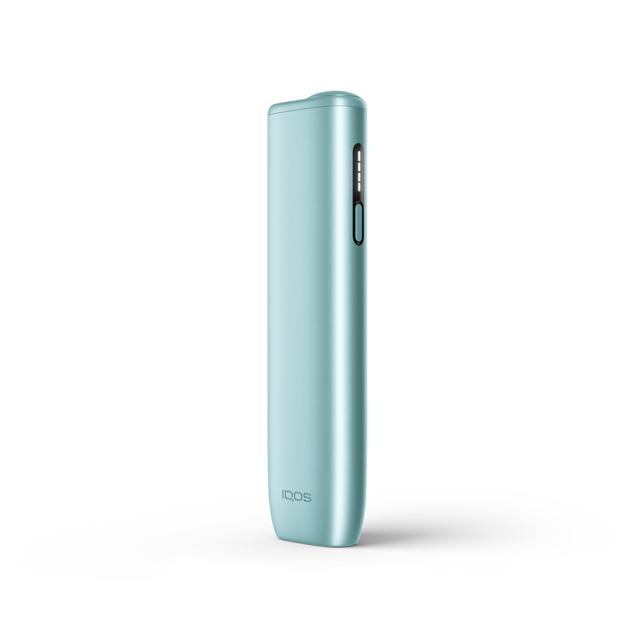 Dispositivo IQOS ILUMA-i azul iluminado con efecto brillante sobre fondo oscuro